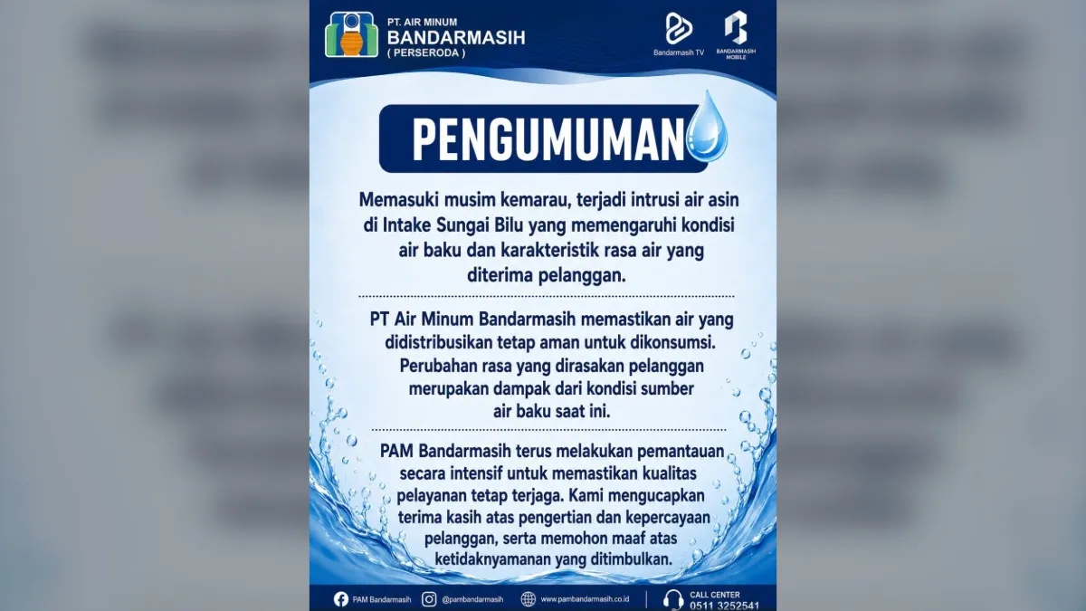 PAM Bandarmasih Banjarmasin Sebut Rasa Air Berubah Karena Intrusi Air Laut di Intake Sungai Bilu