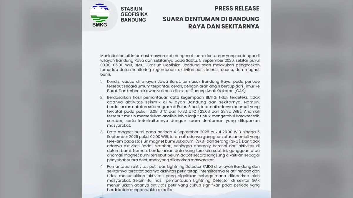 Dentuman Keras di Bandung Raya Jawa Barat, ini Penjelasan BMKG