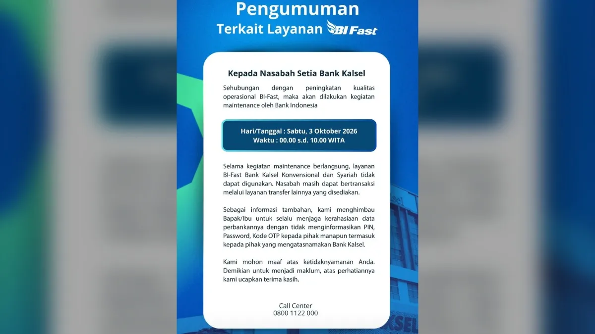 Layanan BI-Fast Bank Kalsel Sementara Tidak Dapat Digunakan