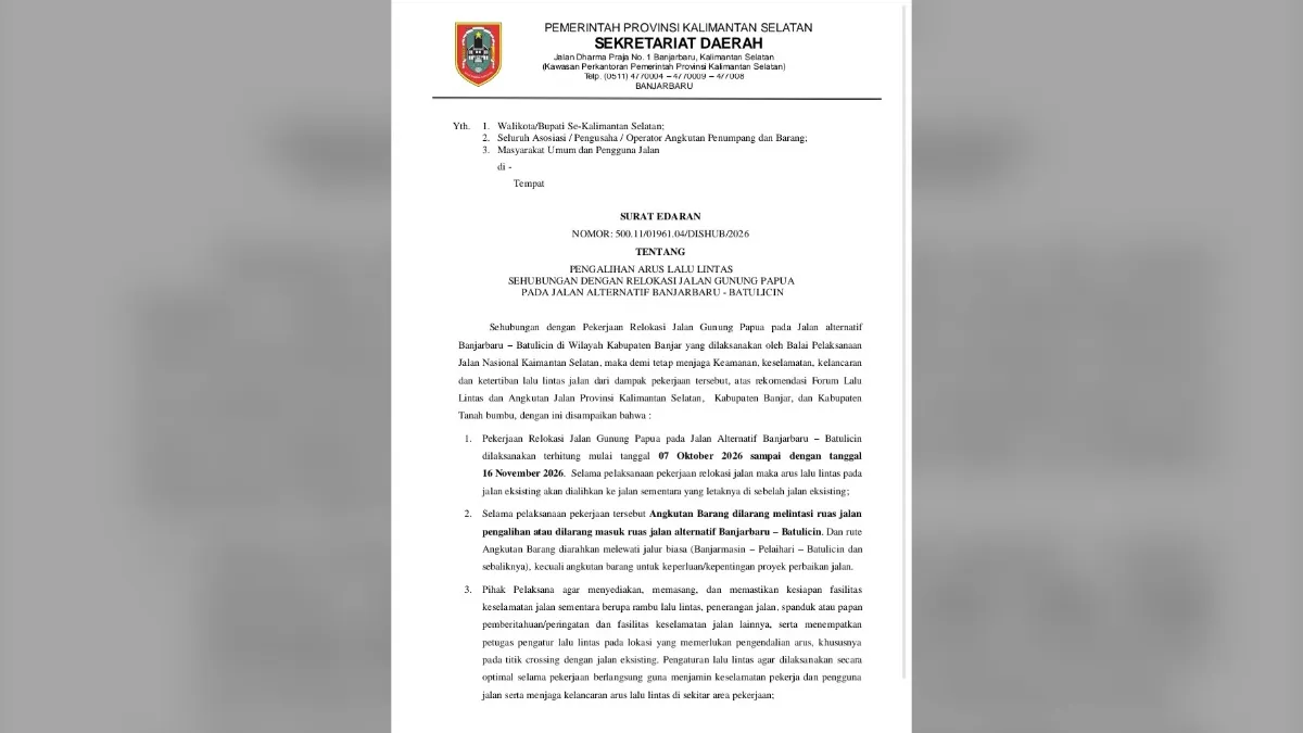 Pengalihan Arus Lalu Lintas di Jalan Alternatif Banjarbaru-Batulicin, Angkutan Barang Dilarang Melintas