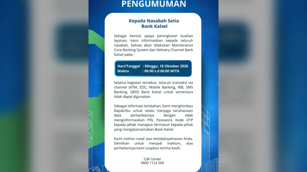 Jadwal Maintenance, Layanan Mobile Banking Bank Kalsel Sementara Terganggu
