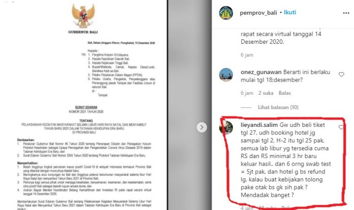 Netizen mengomentari Surat Edaran Gubernur Bali. (ig)