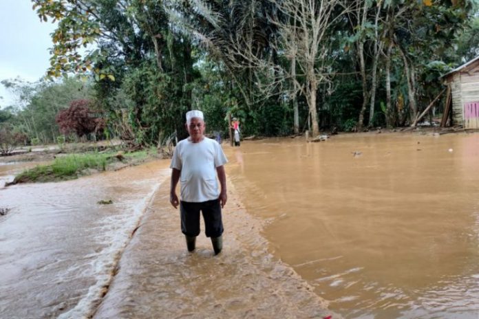 Seorang warga mengecek keadaan luapan air di daerah Munti-Desa Aluan Besar. (Antaranews Kalsel/Istimewa)