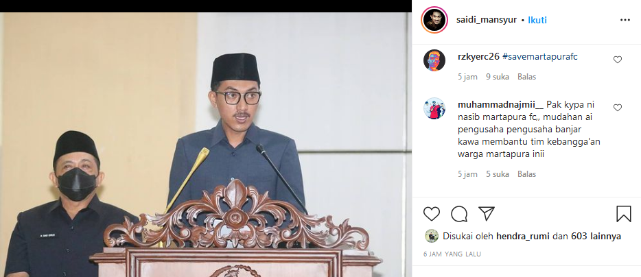 Martapura FC Jadi Dewa United, Tagar #savemartapurafc Banjiri Instagram Saidi Mansyur