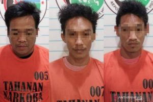 Tiga tersangka kasus narkoba yang merupakan warga desa Batang Bahalang, HST (Antaranews Kalsel/M Taupik Rahman)