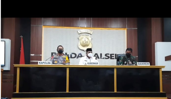 Pj Gubernur Kalsel, Safrizal, ZA didampingi Kapolda dan Danrem 101 Antasari saat memberikan penjelasan terkait larangan mudik. (Diskominfo Kalsel)