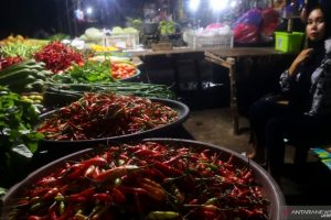 Mida seorang perempuan pedagang sayur di pasar subuh Keraton Rantau (ANTARA / Muhammad Fauzi Fadilah)