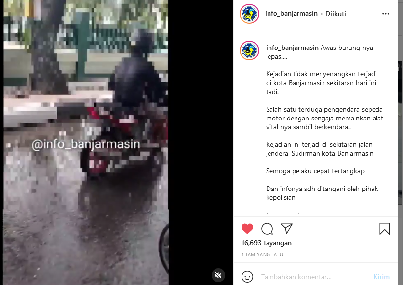 Hebohkan Dunia Maya, Pengendara Sepeda Motor di Sekitaran Jalan Sudirman Banjarmasin Ditengarai Onani