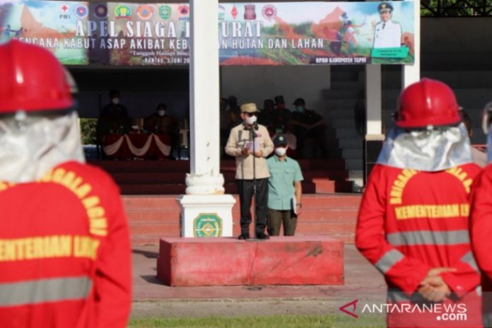 Bupati Arifin Arpan memimpin apel kesiapsiagaan menghadapi bencana karhutla di Kabupaten Tapin. (antara)