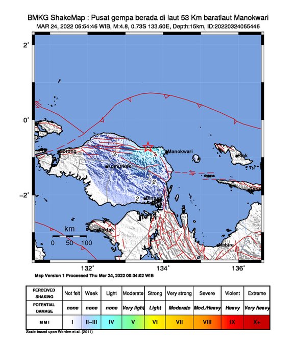 Kota Manokwari Papua Barat Digoyang Gempa Magnitudo 4,8, BMKG: Pusat Gempa di Laut 53 Kilometer Barat Laut Manokwari
