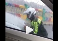 Viral, Diguyur Hujan Deras Seorang Polisi Dorong Mobil Mogok di Jembatan Merdeka Banjarmasin