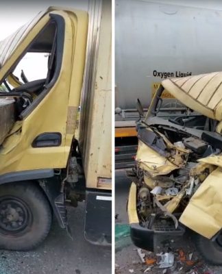 Kabin Truk Box Hancur Usai Hajar Buritan Truk Kontainer di Jalan Gubernur Soebardjo