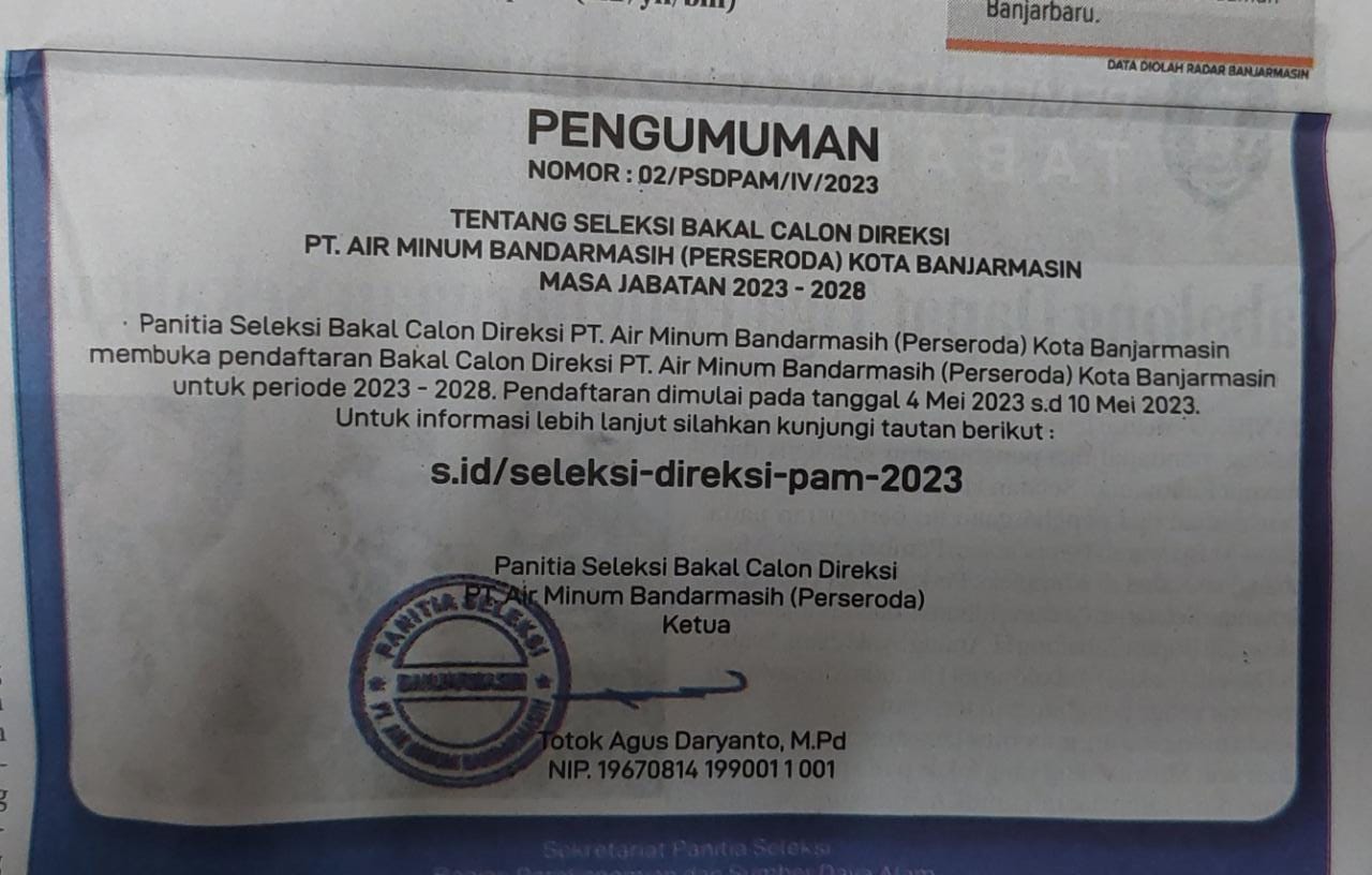 27042023_Pengumuman seleksi calon direksi PT Air Minum Bandarmasih