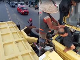 Ban Belakang Lepas, Truk Pasir Terguling di Handil Bakti
