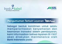 Bank Kalsel Umumkan Layanan BI-FAST Sedang Perbaikan