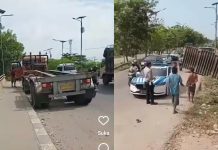 Kontainer Terlepas dari Truk di Jalan Gubernur Soebardjo
