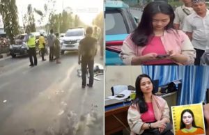 Lokasi kecelakaan dan korban yang tergeletak (kiri). Mahasiswi Marisa Putri memegang hp usai tabrakan dan saat berada di kantor polisi. (Kolase wartabanjar.com - Ist. @beritasatu)