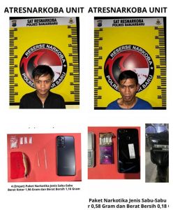 Dua tersangka dan barang bukti yang diamankan jajaran Polres Banjarbaru. (wartabanjar.com - Ist. Humas)