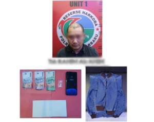 Tersangka RH asal Banjarmasin berikut barang bukti di antaranya sabu yang diamankan Satres Narkoba Polres Banjarbaru. (wartabanjar.com - Ist. Polres Banjarbaru)
