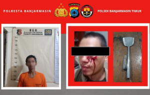 Pelaku dan korban penganiyaan serta barang bukti sendok rinjing atau spatula. (wartabanjar.com - Ist. Polsek Bjm Timur)