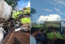 Truk Fuso Adu Kuat dengan Mobil Molen di Jalan Gubernur Syarkawi, Sopir Terjepit