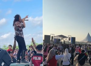 Candil memeriahkan Flight Free Day Jhonlin Group di Bandara Bersujud Batulicin (kiri). Warga melaksanakan senam zumba bersama (kanan). (wartabanjar.com - Ist. IG)
