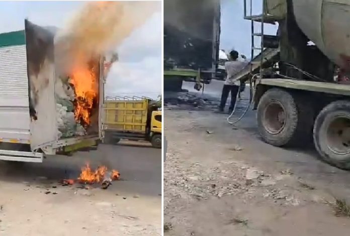 arang dalam truk kontainer terbakar disemprot menggunakan air yang dibawa truk molen di Jalan Trikora, Banjarbaru, Rabu. (wartabanjar.com - Ist. Kiriman warga)