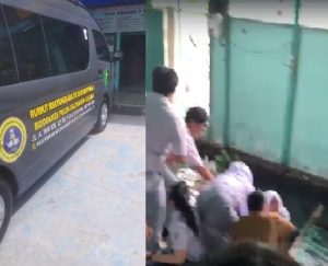 Ambulance RS Bhayangkara berada di SMAN 7 Banjarmasin (kiri). Situasi saat siswa dan guru menolong korban yang terjatuh saat lantai ambrol. (wartabanjar.com)