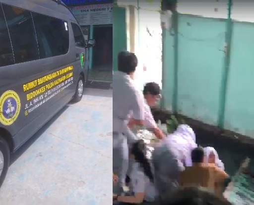 09092024_Ambulance RS Bhayangkara berada di SMAN 7 Banjarmasin (kiri). Situasi saat siswa dan guru menolong korban yang terjatuh saat lantai ambrol. (wartabanjar.com) Ambulance RS Bhayangkara berada di SMAN 7 Banjarmasin (kiri). Situasi saat siswa dan guru menolong korban yang terjatuh saat lantai ambrol. (wartabanjar.com)