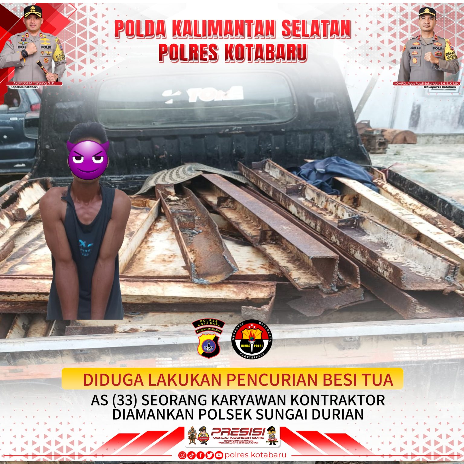Rugikan Perusahaan Rp3,8 Juta karena Curi Material Limbah Besi, AS Dilaporkan ke Polsek Sungai Durian