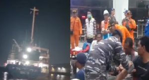 KM SK 3 yang mengevakuasi nelayan KM Sabar Subur I tiba di Pelabuhan Triaksati Banjarmasin (kiri). Para nelayan mendapat perawatan dari tim gabungan (kanan) (wartabanjar.com - Ist. Instagram)