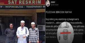 Guru Junaidi (tengah) usai membuat laporan ke Satreskrim Polresta Banjarmasin (kiri) dan akun dilaporkan Guru Junaidi (kiri). (wartabanjar.com - Istimewa)