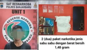 Tersangka MR dan barang bukti yang diamankan Satres Narkoba Polres Banjarbaru. (wartabanjar.com - Ist. Humas)