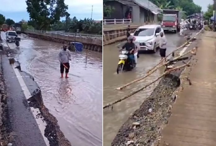 Kondisi jalan nasional yang amblas dan tergenang air di Desa Sungai Turak, Kecamatan Amunthai Utara, HSU, Kalsel. (wartabanjar.com - Ist. Kiriman warga)