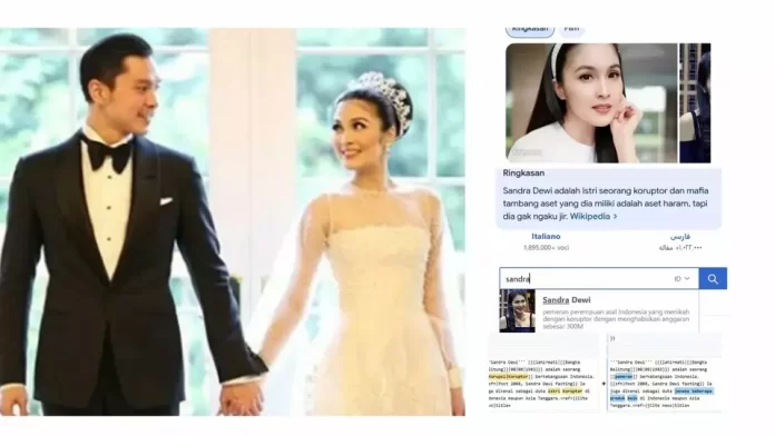 Tangkapan layar status Sandra Dewi di laman Wikipedia yang diubah oleh netizen. (Beritasatu.com)