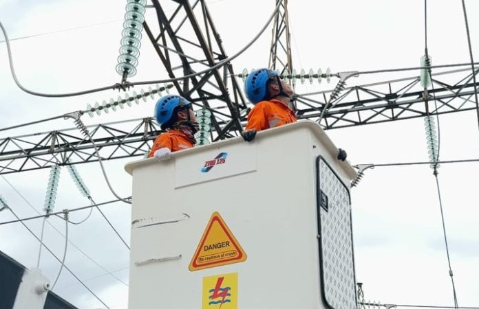 Tim Pemeliharaan UPT Palangkaraya sedang melakukan inspeksi hotspot dengan metode Rope Access Maintenance (ROAM). (wartabanjar.com - Ist. Humas PLN)