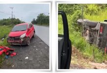 Kecelakaan Adu Banteng di Sebamban, Dua Mobil Terbalik dan Rusak Parah, Motor Terpental ke Parit!