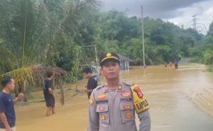 Anggota Polsek Sepaku melakukan pemantauan di lokasi banjir. (wartabanjar.com - Ist. Humas Polda Kaltim)