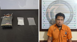 SA alias Asul Naga dan barang bukti sabu yang ditangkap Satresnarkoba Polres HSU. (wartabanjar.com - Ist. Humas)