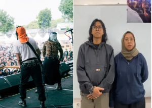 Band punk Sukatani saat beraksi di panggung menggunakan penutup kepala (kiri). Dua personel Band Sukatani. (wartabanjar.com - Ist. IG Sukatani)