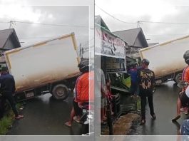 Truk Kanvas Terperosok di Sungai Lulut, Pengendara Diminta Cari Jalur Alternatif