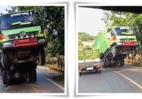 Truk Kontainer "Jumping" di Jalan Menanjak Paringin, Lalu Lintas Terpaksa Dialihkan