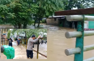 Bhabin dan warga membersihkan sampah yang tersangkut di jembatan Sungai Kemuning, Banjarbaru Utara, dan rumah kondisi warga yang terendam. (wartabanjar.com - Ist. @Polsekbanjarbaruutara)