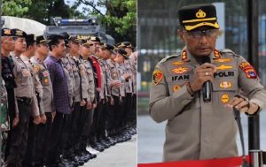 Kapolres Banjar, AKBP H Ifan Hariyat, memberikan pengarahan sebelum dilaksanakan pengamanan laga Barito Putera vs Malut United di stadion Demang Lehman, Sabtu malam. (wartabanjar.com - Ist. Humas)