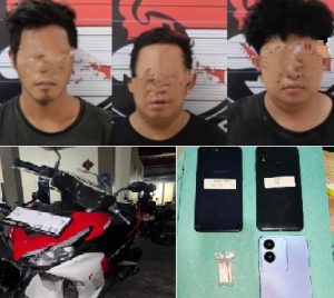Tiga pelaku sabu dan barang bukti yang diamankan Satresnarkoba Polresta Banjarmasin. (wartabanjar.com - Ist. Humas)