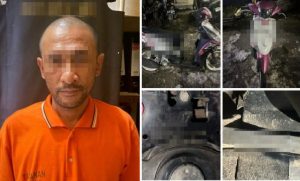Tersangka AR dan barang bukti motor matik yang dibawa kabur. (wartabanjar.com - Ist. Humas)