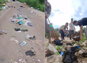 Sampah berserakan di Jalan Pusara Pelaihari, dan petugas gabungan Satpol PP & Damkar bersama DPRKPLH Kabupaten Tanah Laut melakuikan pembersihan. (wartabajar.com - Ist. Satpol PP Tala)