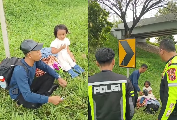 Kasatlantas Polres Subang membantu pria asal Aceh dan anaknya yang ditelantarkan bus lintas Sumatera di tol Cipali. (wartabanjar.com - Ist. @Polres Subang)