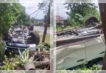 Mobil Terbalik di Karang Intan, Penumpang Selamat Sedang Tiang Listrik Patah