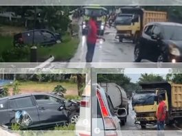 Kecelakaan Beruntun di Jembatan Bajarum Kotim: Mobil Sigra Terpental, Warung Warga Hancur